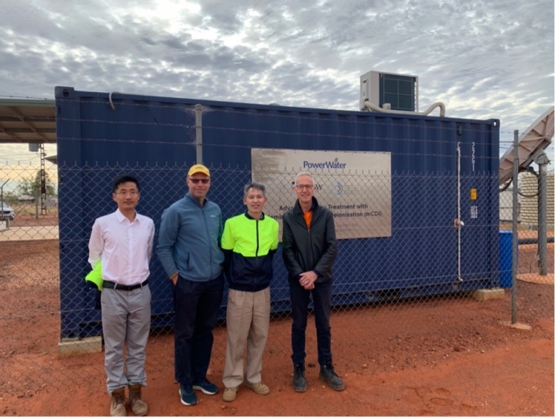 Figure 4. Professor David Waite and Warwick Dawson with visitors from the People’s Republic of China’s Embassy in Australia in front of the mCDI unit in Ali Curung